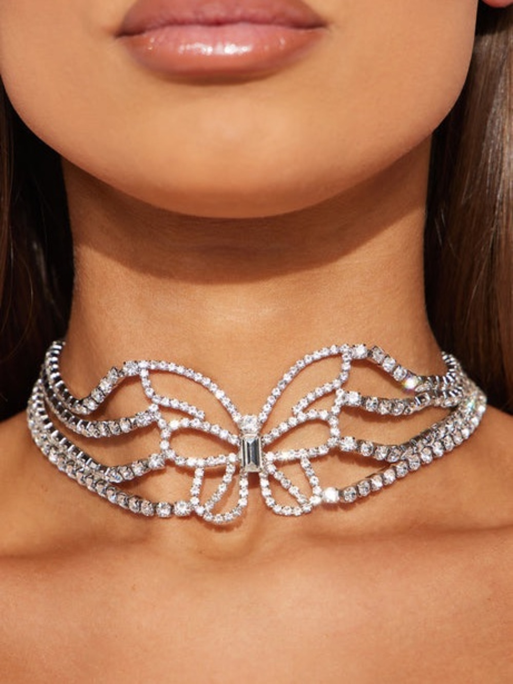 Crystal Butterfly Choker Necklace - Silver